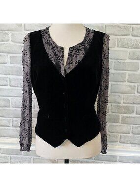 E New York Vintage Whimsigoth Black Velvet Beaded Sheer Sleeve Goth Fairy Top M